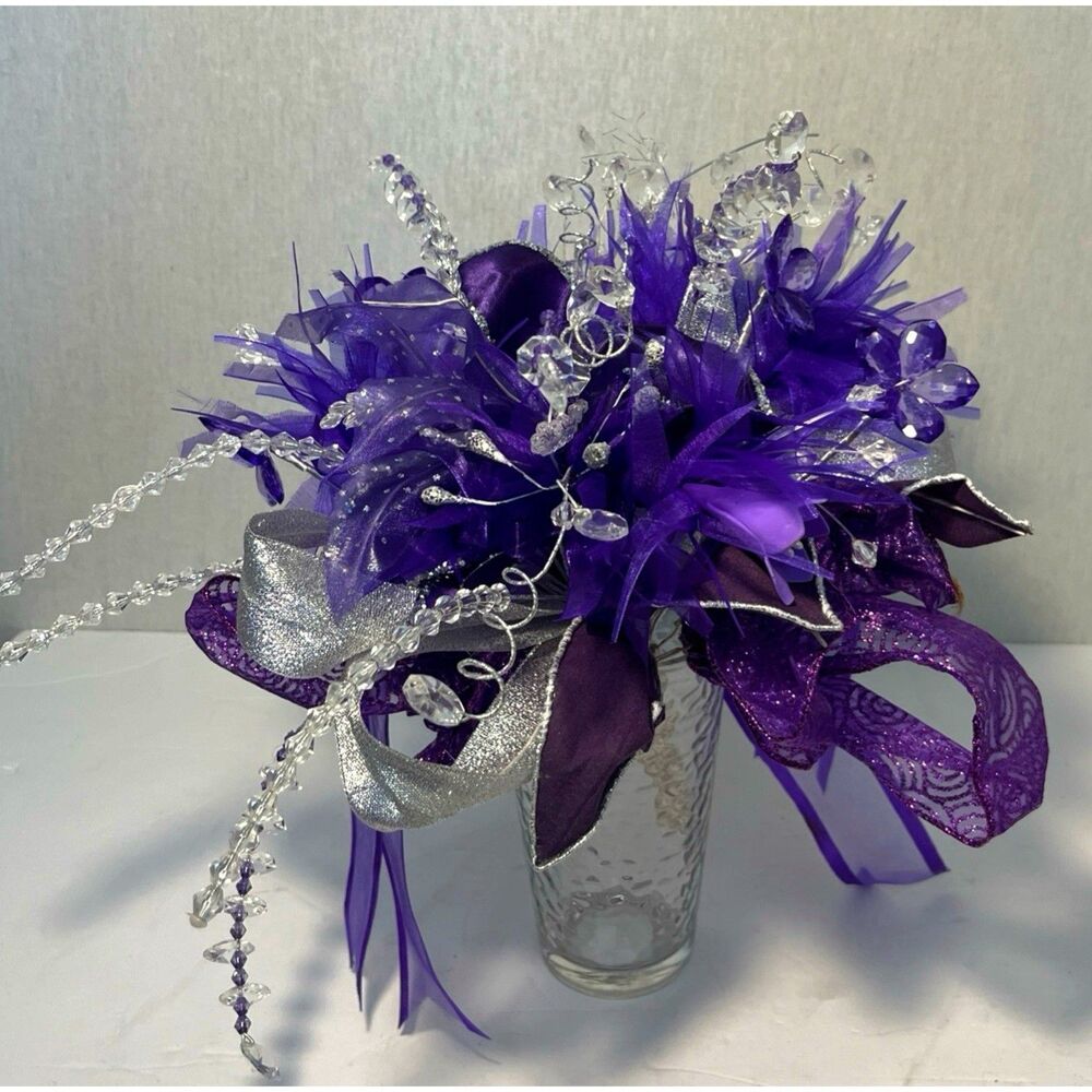 Quinceañera 15 Purple Silver Artificial Custom Bouquet Bridal Mardi Gras